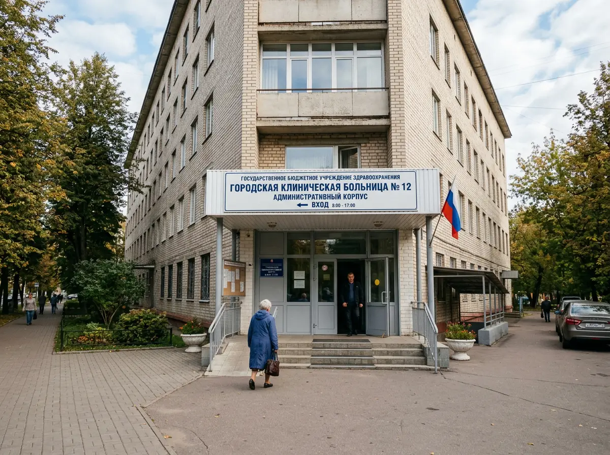 Административное здание государственного медицинского учреждения, вход с вывеской, дневной свет, нейтральная документальная фотография