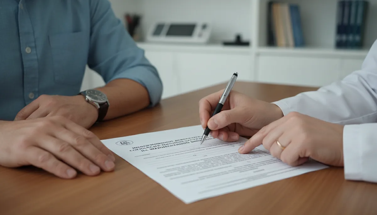 Подписание информированного согласия, руки пациента и врача, бланк на столе